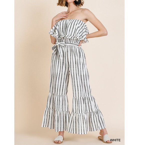 Umgee Pants - Striped Boho Ruffle Strapless Wide Leg Jumpsuit
